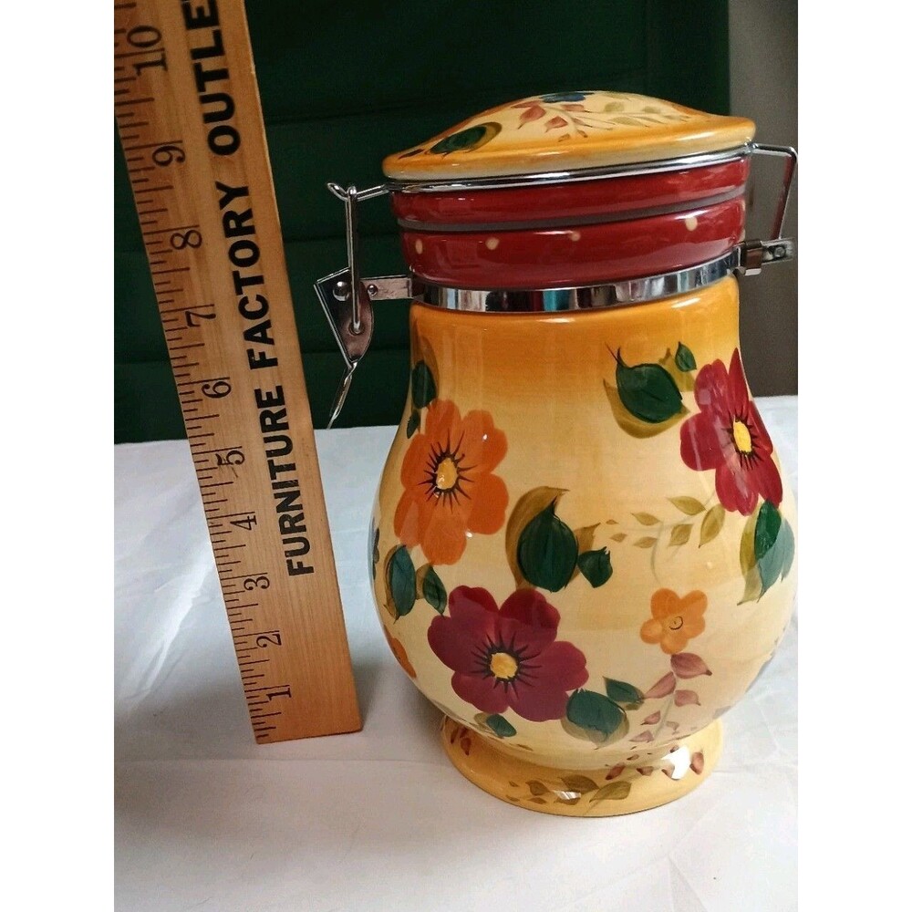 VTG Oneida Sunset Bouquet Hand Painted Ceramic Canister Airtight Hinged Lid 8" - Picture 7 of 16